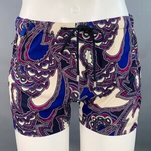 MR TURK Size M Cream Purple Paisley Polyester Blend Drawstring Swim Trunks